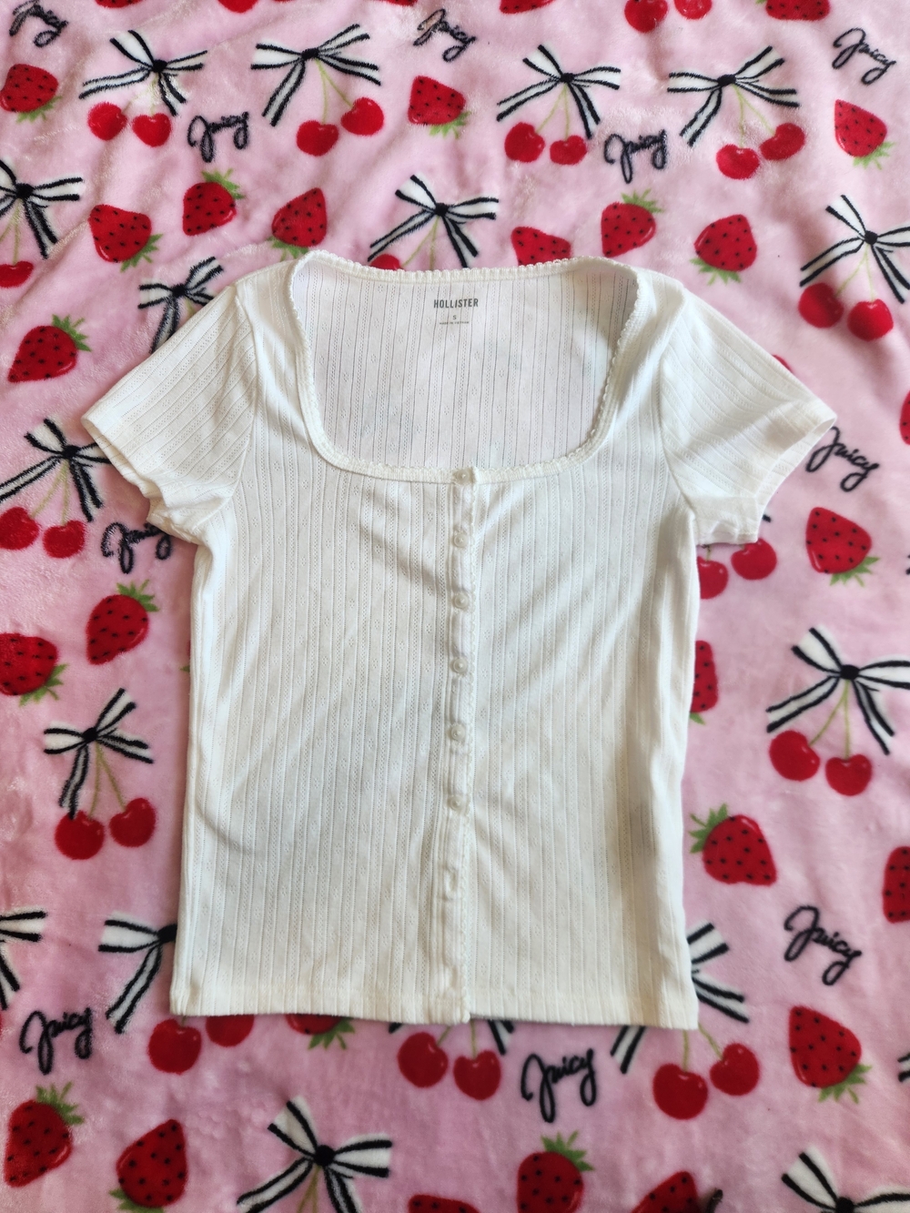 Hollister Women's White Ribbed Button-Front Square Neck Top Dollette Coquette